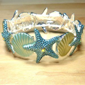 NAUTICAL BLUE GREEN STARFISH CZ STONE & SEASHELLS SEA LIFE RHODIUM BRACELET